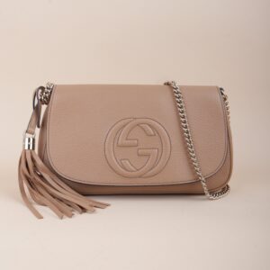 Gucci Beige Pebbled Soho Disco GG Tassel Crossbody Flap Medium Bag