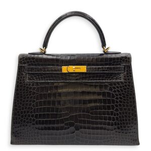 Sellier Kelly 32 Graphite in Shiny Porosus, Gold hardware