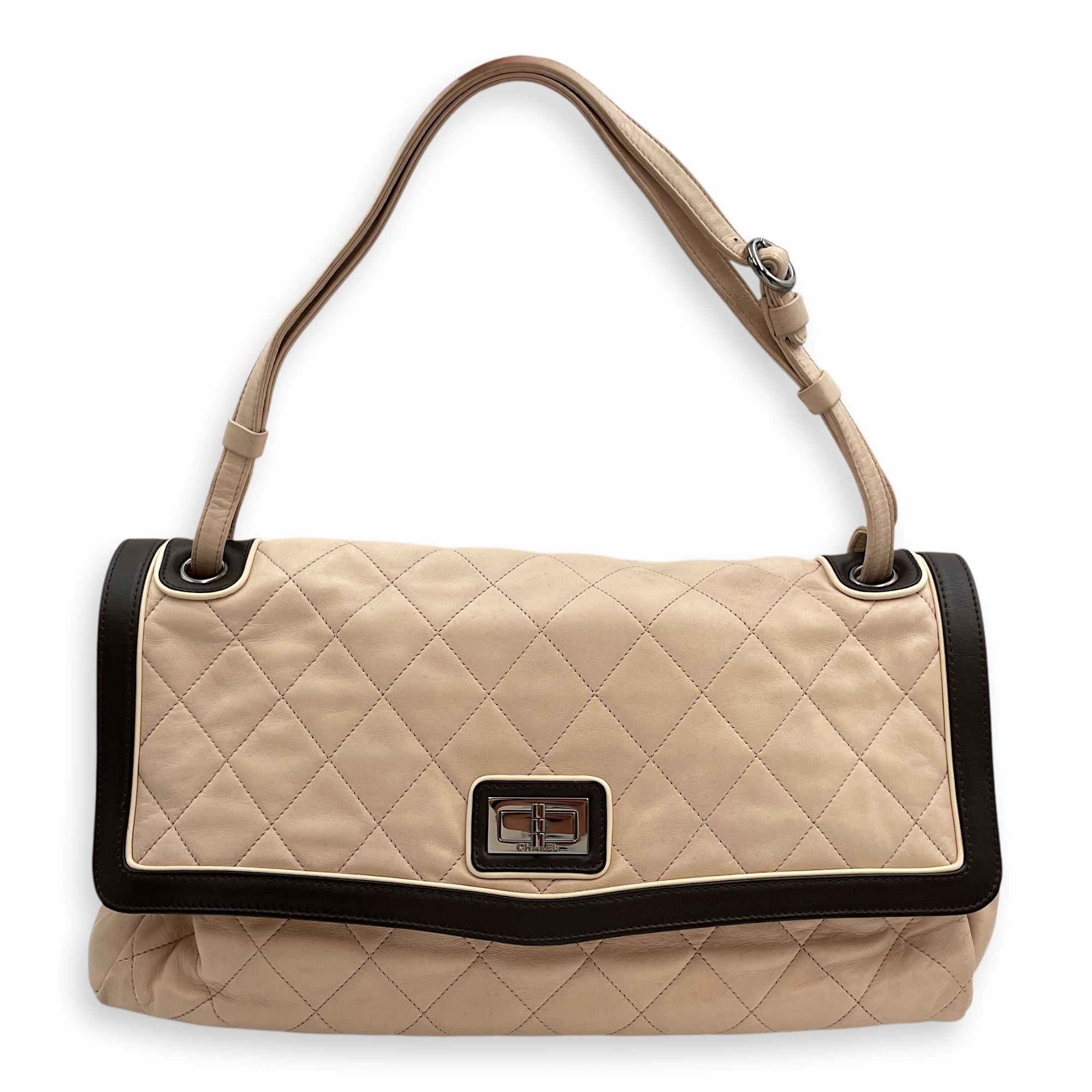 Two Tone Mademoiselle Lock Flap Beige Sholder bag in Lambskin, Silver hardware