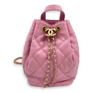 Quilted Drawstring Pink Backpack in Lambskin, Gold hardware