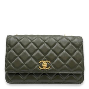 CC Quilted Olive Green Wallet on Chain in Lambskin, Gold hardware