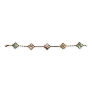Vintage Alhambra, 5 Motifs Bracelet in Mother-of-Pearl/Diamonds, Grey, Rose Gold Hardware