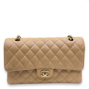 Quilted CC Classic Medium Pearly Beige Double Flap Bag in Caviar Leather, Gold hardware