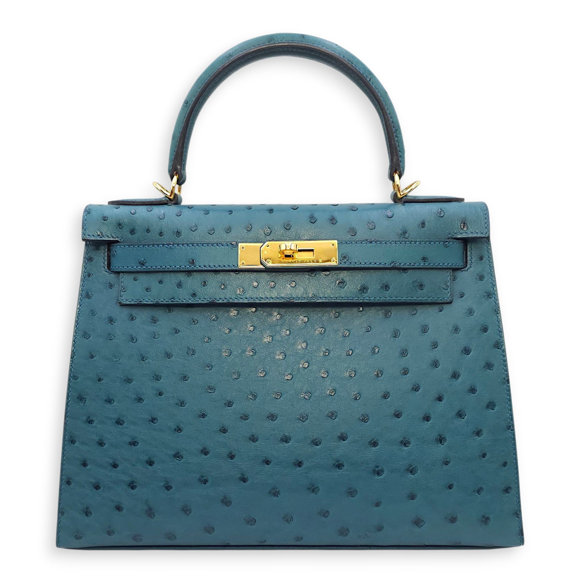 Sellier Kelly 28 Blue Cobalt in Ostrich, Gold hardware