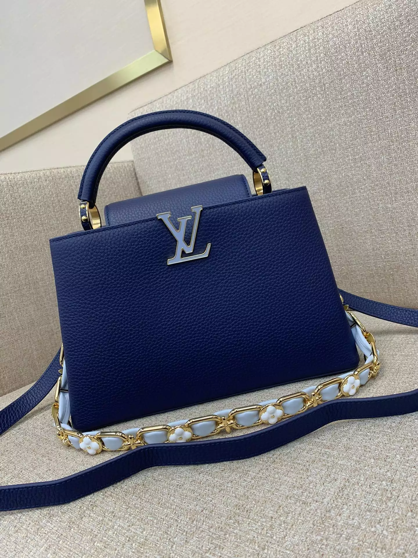 Capucines MM Blossom Chain Handbag French Blue - Repbags.is - Image 3