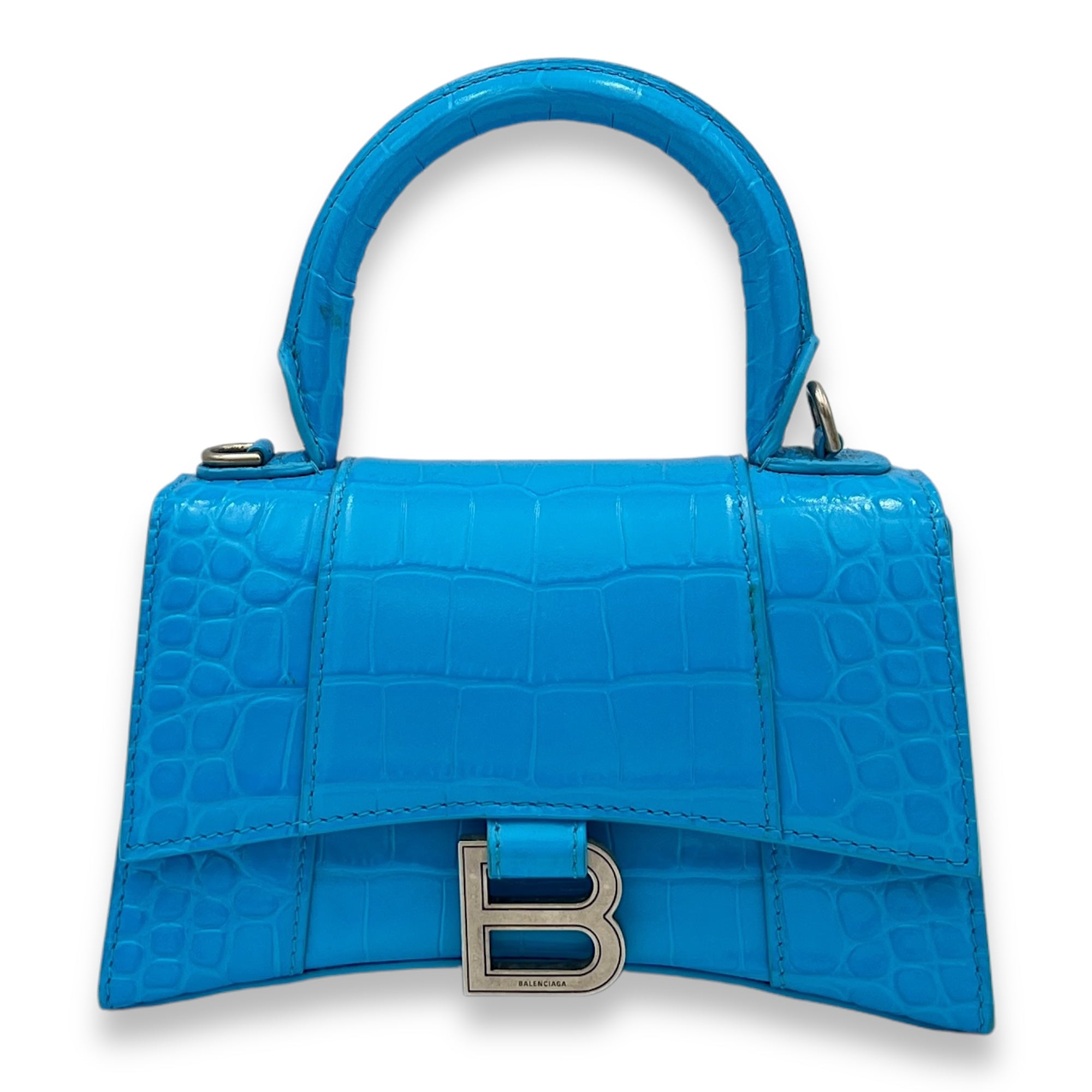 Hourglass Top Handle Bag XS Blue in Calfskin , Silver Hardware