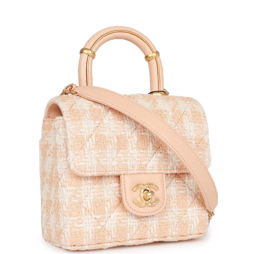 Chanel Mini Square Flap with Top Handle Light Orange and Ecru Tweed Antique Gold Hardware - Image 3