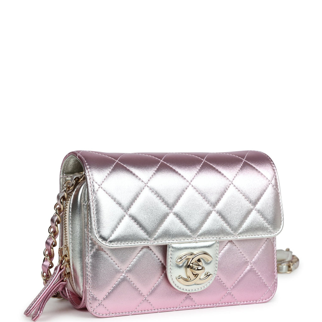 Chanel Mini Flap Bag Pink and Silver Metallic Lambskin Light Gold Hardware - Image 3