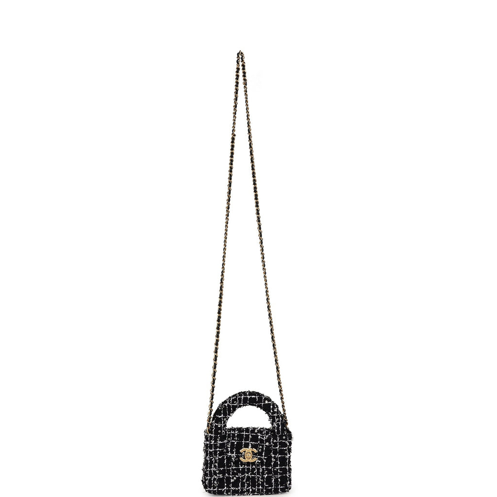 Chanel Nano Kelly Shopper Black, White & Silver Sequin Tweed Brushed Gold Hardware - Image 8