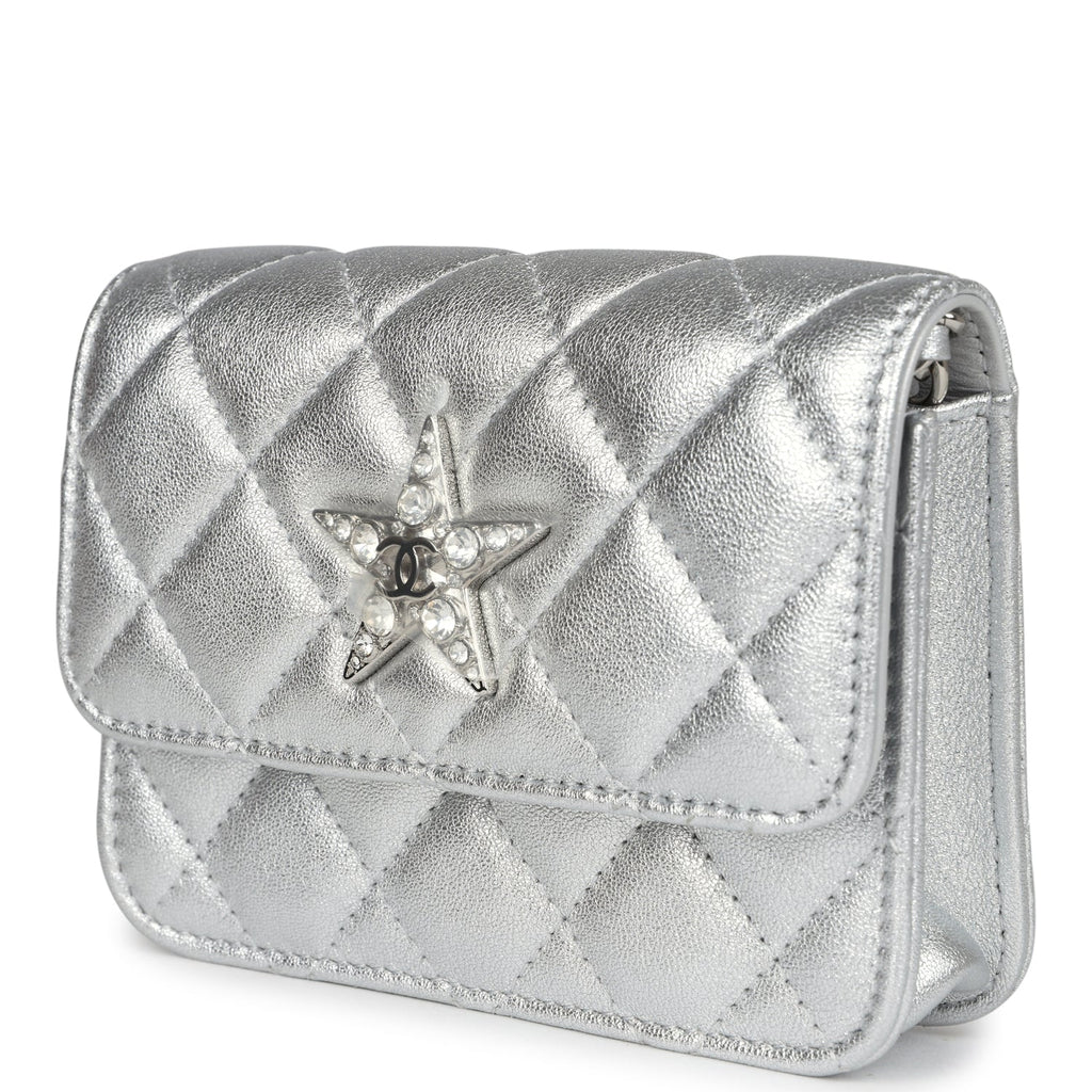 Chanel Crystal CC Walk Of Fame Clutch on Chain Silver Metallic Goatskin Silver Hardware - Image 4