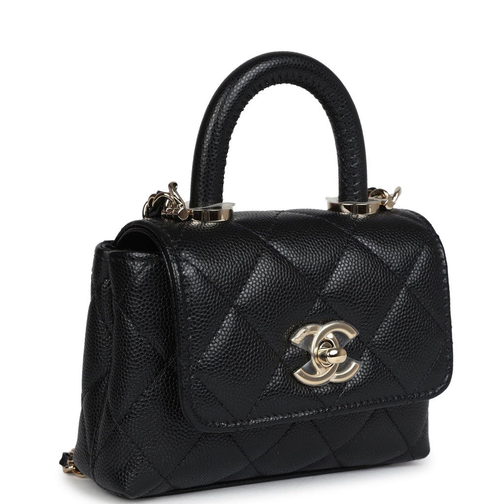 Chanel Nano Coco Top Handle Flap Bag Black Caviar Light Gold Hardware - Image 3
