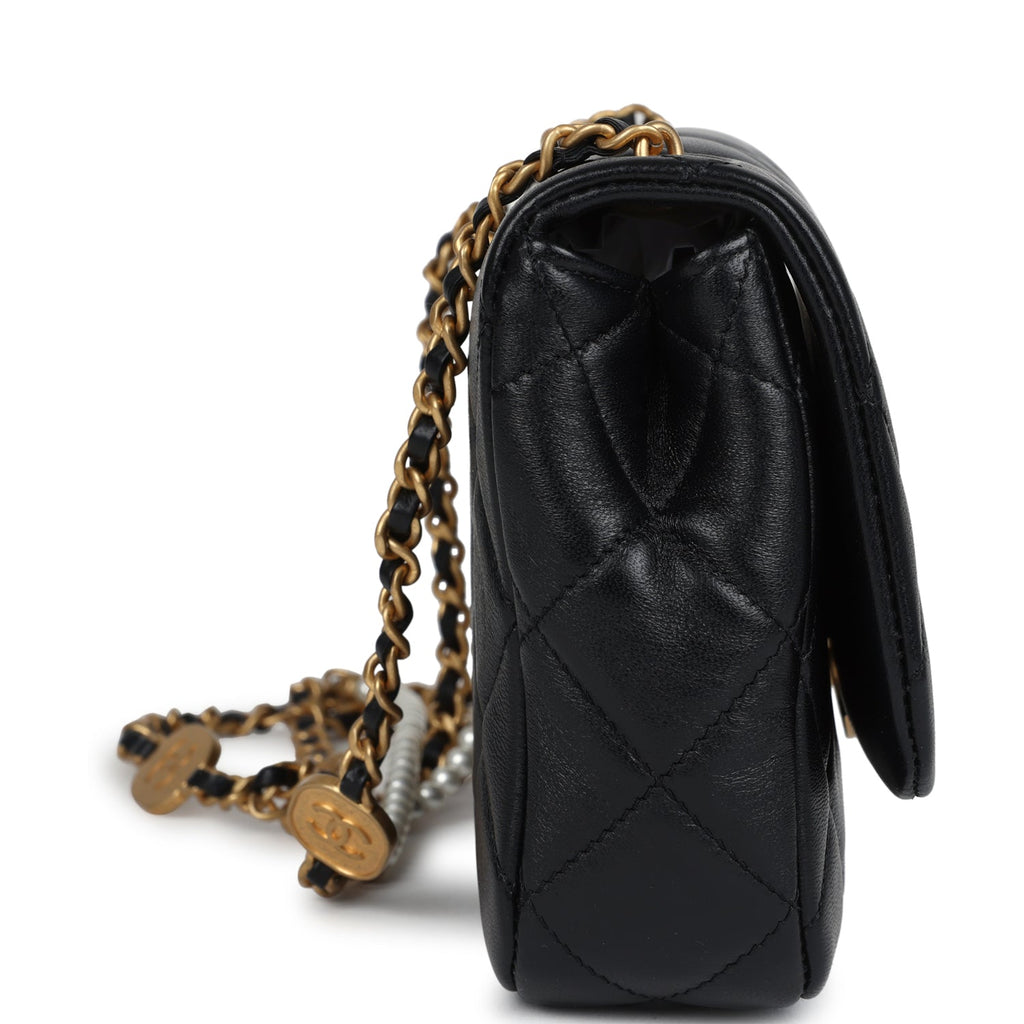 Chanel Mini Pearly Chain Flap Bag Black Lambskin Brushed Gold Hardware - Image 4