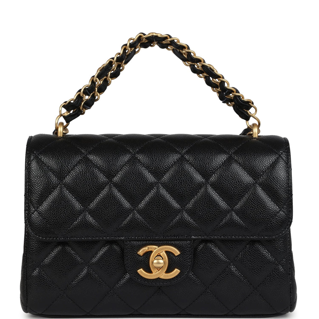 Chanel Small Top Handle Flap Bag Black Shiny Grained Calfskin Brushed Gold Hardware - Image 8