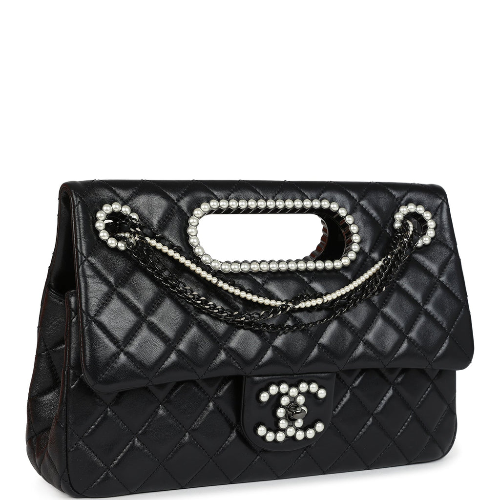 Chanel Large Double Flap Bag with Pearl Cut Out Handle Black Shiny Lambskin Black Hardware - Image 3