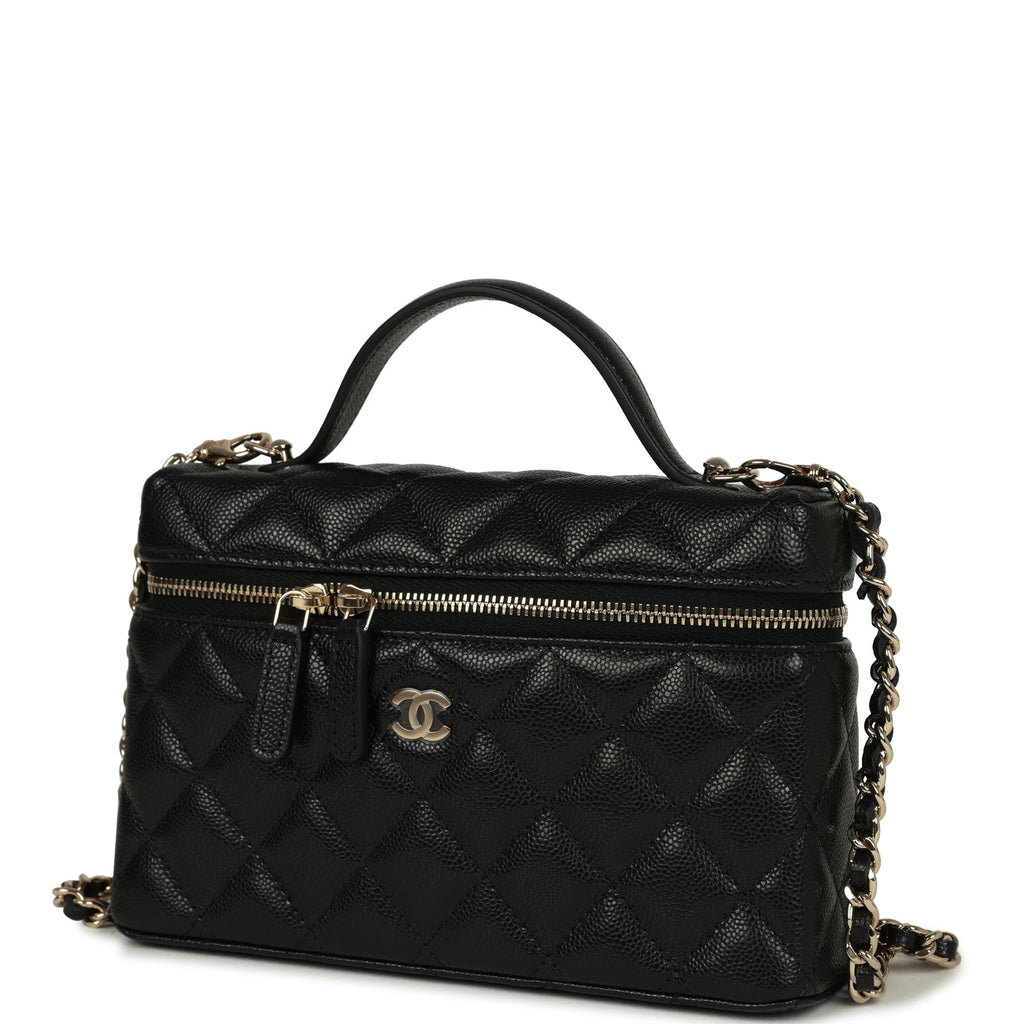 Chanel Top Handle Long Vanity Case with Chain Black Shiny Caviar Light Gold Hardware - Image 6