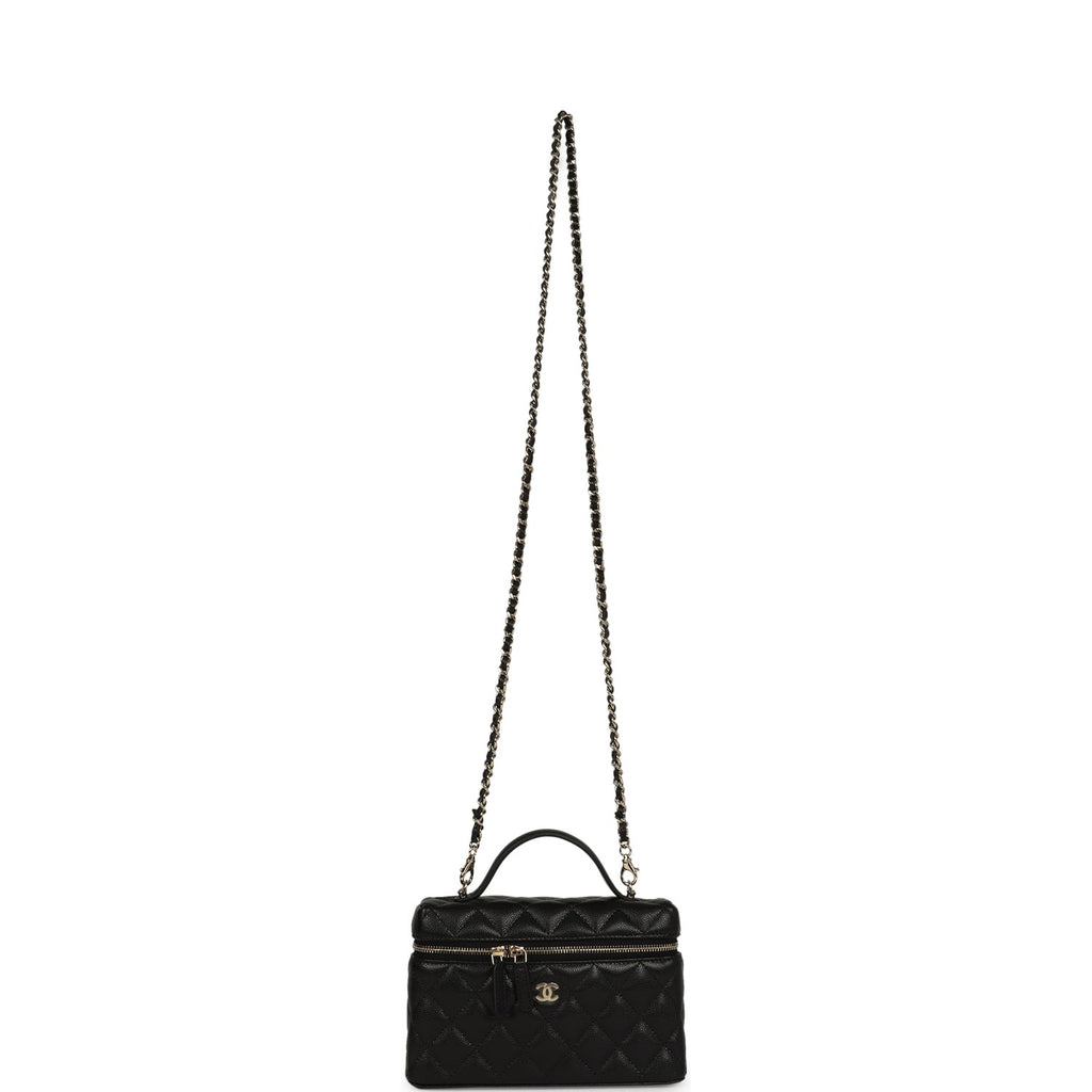 Chanel Top Handle Long Vanity Case with Chain Black Shiny Caviar Light Gold Hardware - Image 8