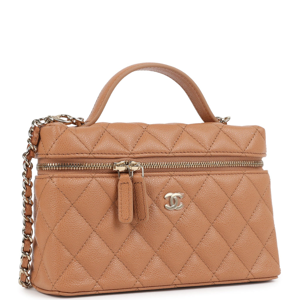 Chanel Top Handle Long Vanity Case with Chain Caramel Shiny Caviar Light Gold Hardware - Image 3
