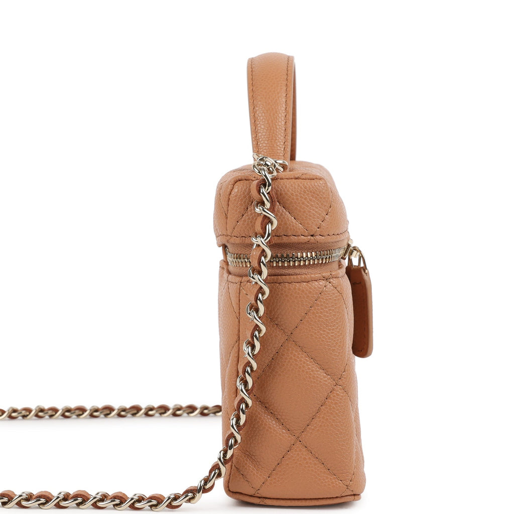 Chanel Top Handle Long Vanity Case with Chain Caramel Shiny Caviar Light Gold Hardware - Image 4