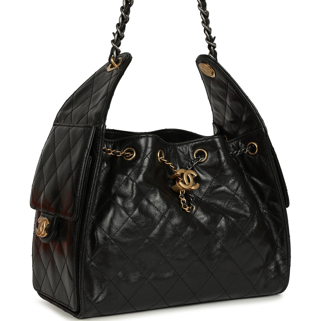 Pre-owned Chanel Small 25 Hobo Bag Black Shiny Crumpled Calfskin Mixed Metal Hardware - Image 3