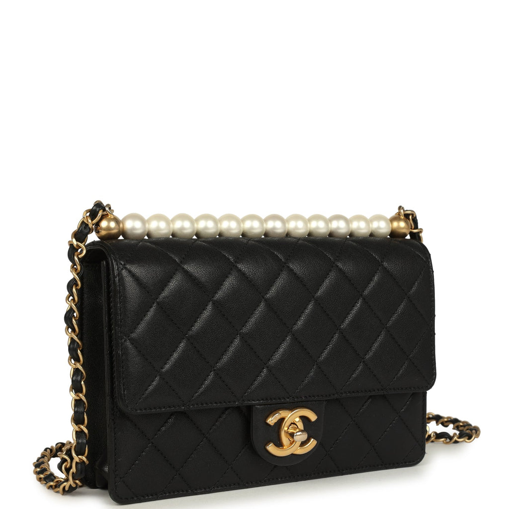 Pre-owned Chanel Small Chic Pearls Flap Bag Black Goatskin Antique Gold Hardware - Image 3