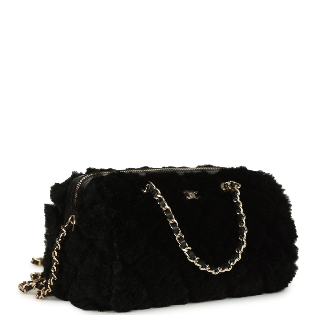 Chanel Mini Timeless Classic Barrel Bag with Chain Black Shearling Light Gold Hardware - Image 3