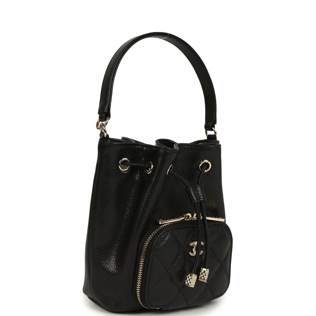Chanel Mini Top Handle Bucket Bag with Chain Black Shiny Caviar Light Gold Hardware - Image 3