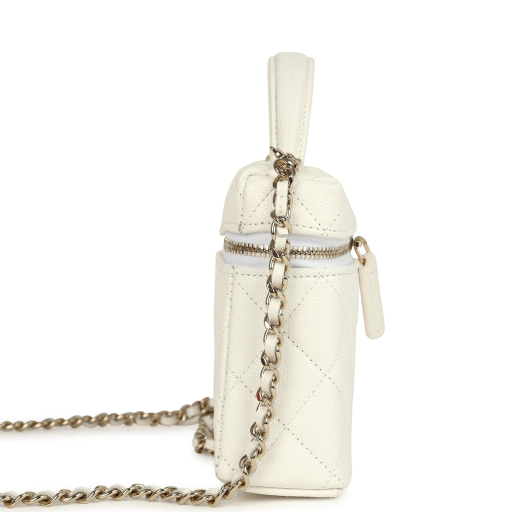 Chanel Top Handle Long Vanity Case with Chain White Shiny Caviar Light Gold Hardware - Image 4
