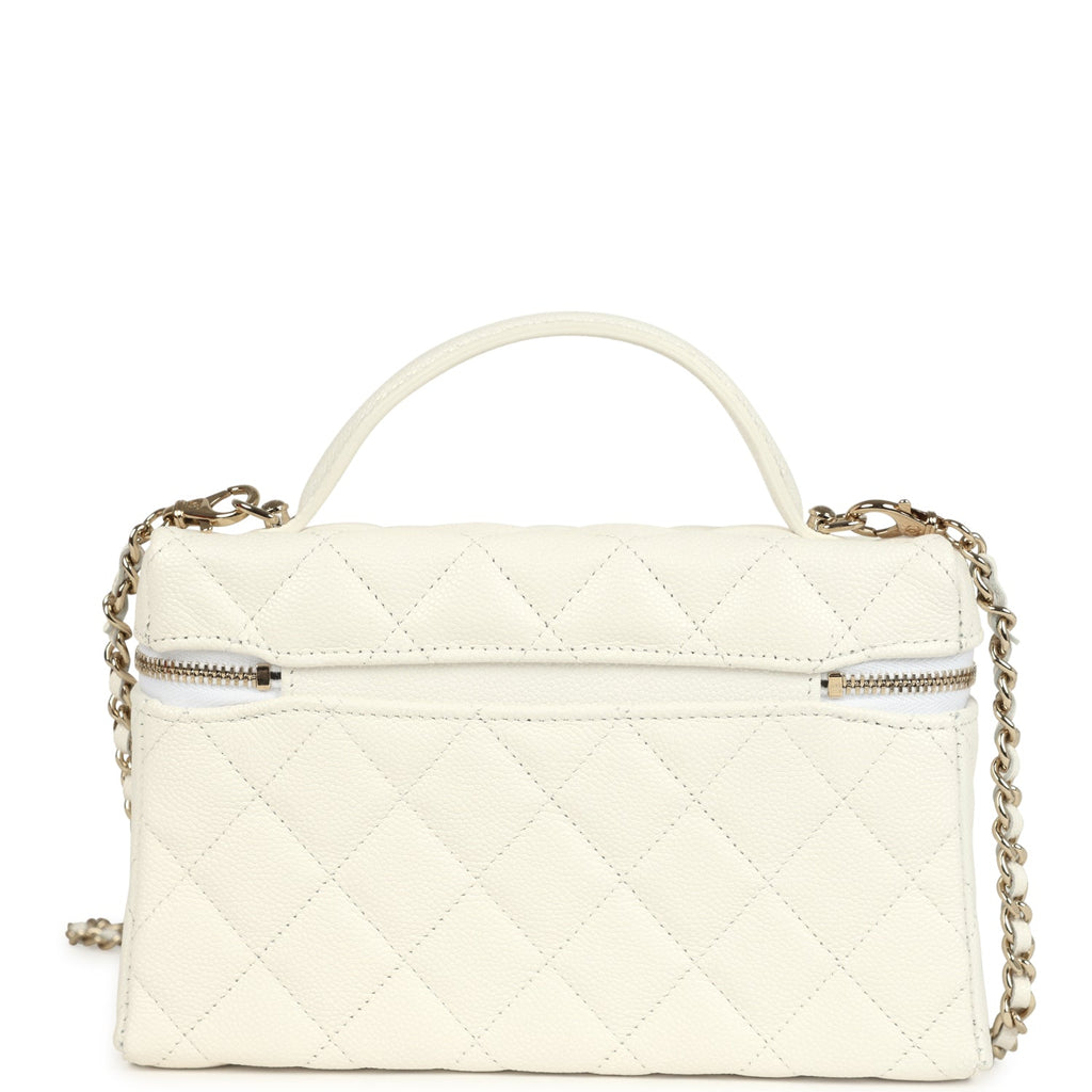 Chanel Top Handle Long Vanity Case with Chain White Shiny Caviar Light Gold Hardware - Image 5