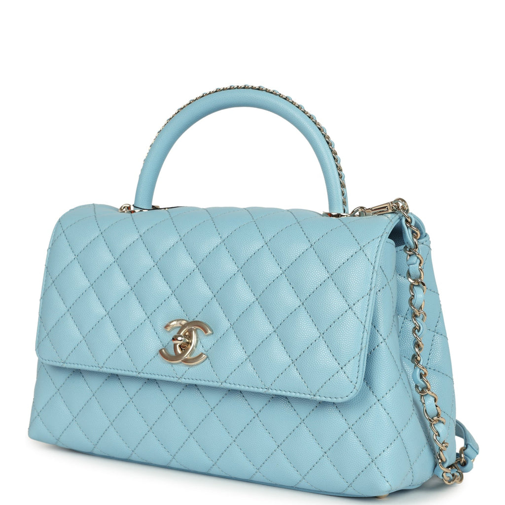 Chanel Medium Coco Top Handle Flap Bag Light Blue Shiny Caviar Light Gold Hardware - Image 6