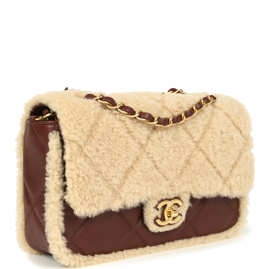 Chanel Medium Shearling Flap Bag Dark Brown Lambskin and Beige Shearling Brushed Gold Hardware - Image 3