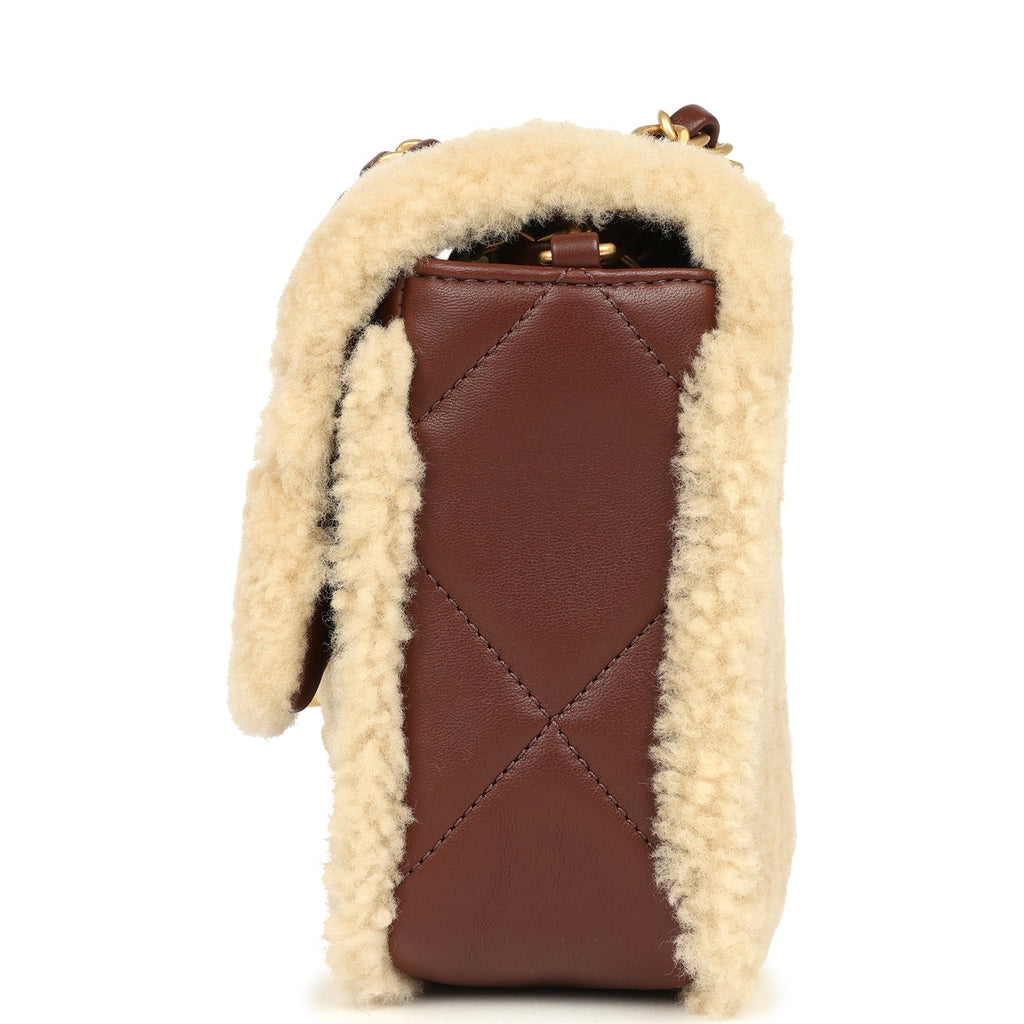Chanel Medium Shearling Flap Bag Dark Brown Lambskin and Beige Shearling Brushed Gold Hardware - Image 4