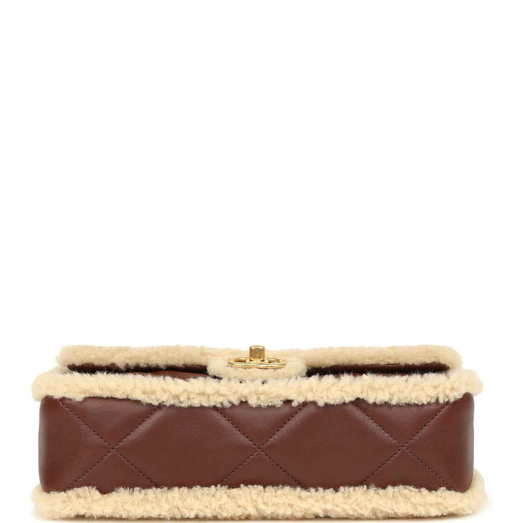 Chanel Medium Shearling Flap Bag Dark Brown Lambskin and Beige Shearling Brushed Gold Hardware - Image 7