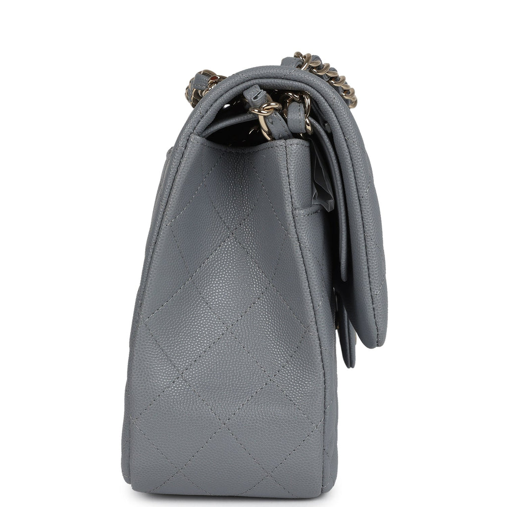 Chanel Jumbo Classic Double Flap Bag Light Grey Shiny Caviar Light Gold Hardware - Image 4