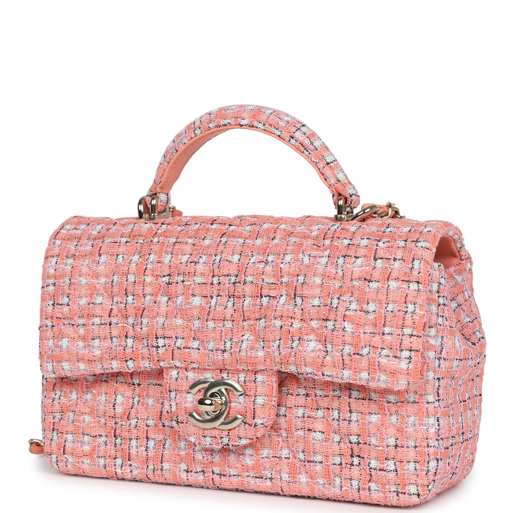 Chanel Mini Rectangular Top Handle Flap Bag Coral Tweed Light Gold Hardware - Image 6