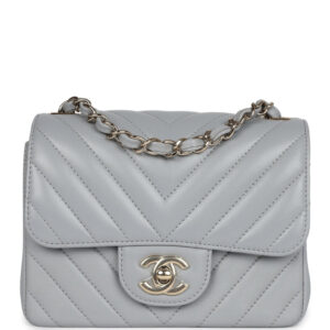 Chanel Mini Chevron Square Flap Bag Light Grey Lambskin Light Gold Hardware