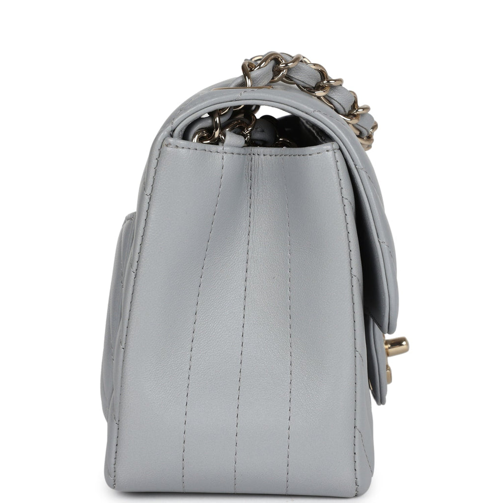 Chanel Mini Chevron Square Flap Bag Light Grey Lambskin Light Gold Hardware - Image 4