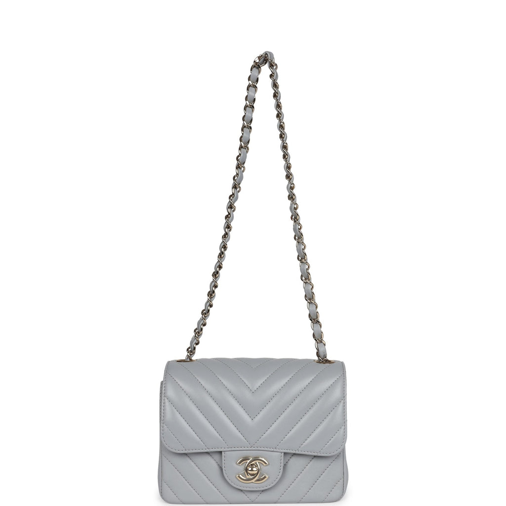 Chanel Mini Chevron Square Flap Bag Light Grey Lambskin Light Gold Hardware - Image 8