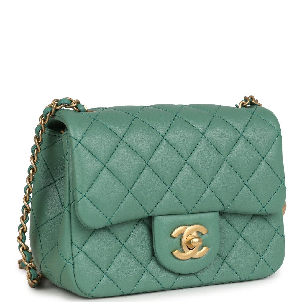 Chanel Mini Square Pearl Crush Flap Bag Green Lambskin Antique Gold Hardware - Image 3