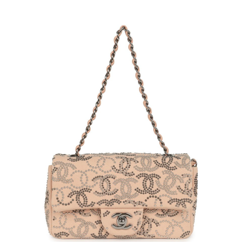 Pre-owned Chanel Mini CC Studded Rectangular Flap Bag Light Pink Canvas Ruthenium Hardware - Image 6