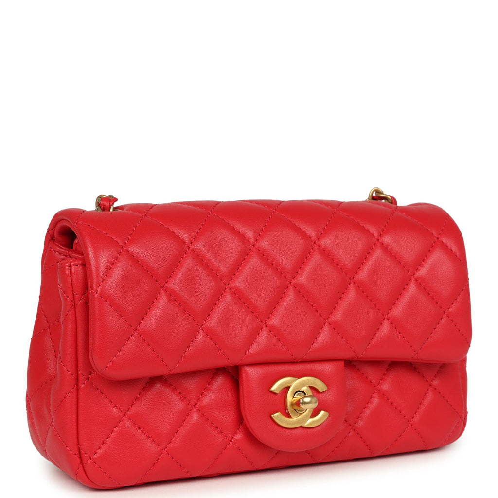 Pre-owned Chanel Mini Pearl Crush Rectangular Flap Bag Red Lambskin Brushed Gold Hardware - Image 3