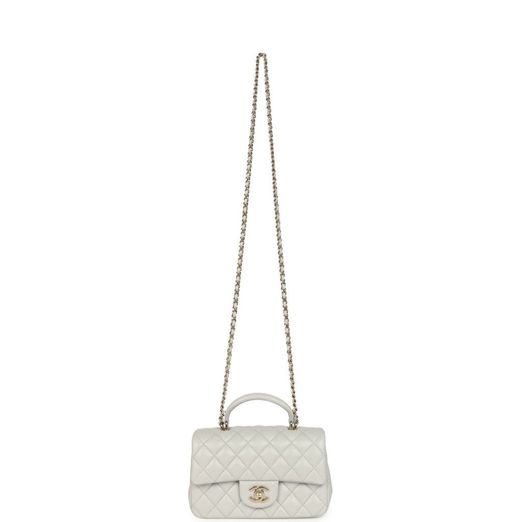 Chanel Mini Rectangular Flap Bag with Top Handle Light Grey Lambskin Light Gold Hardware - Image 8