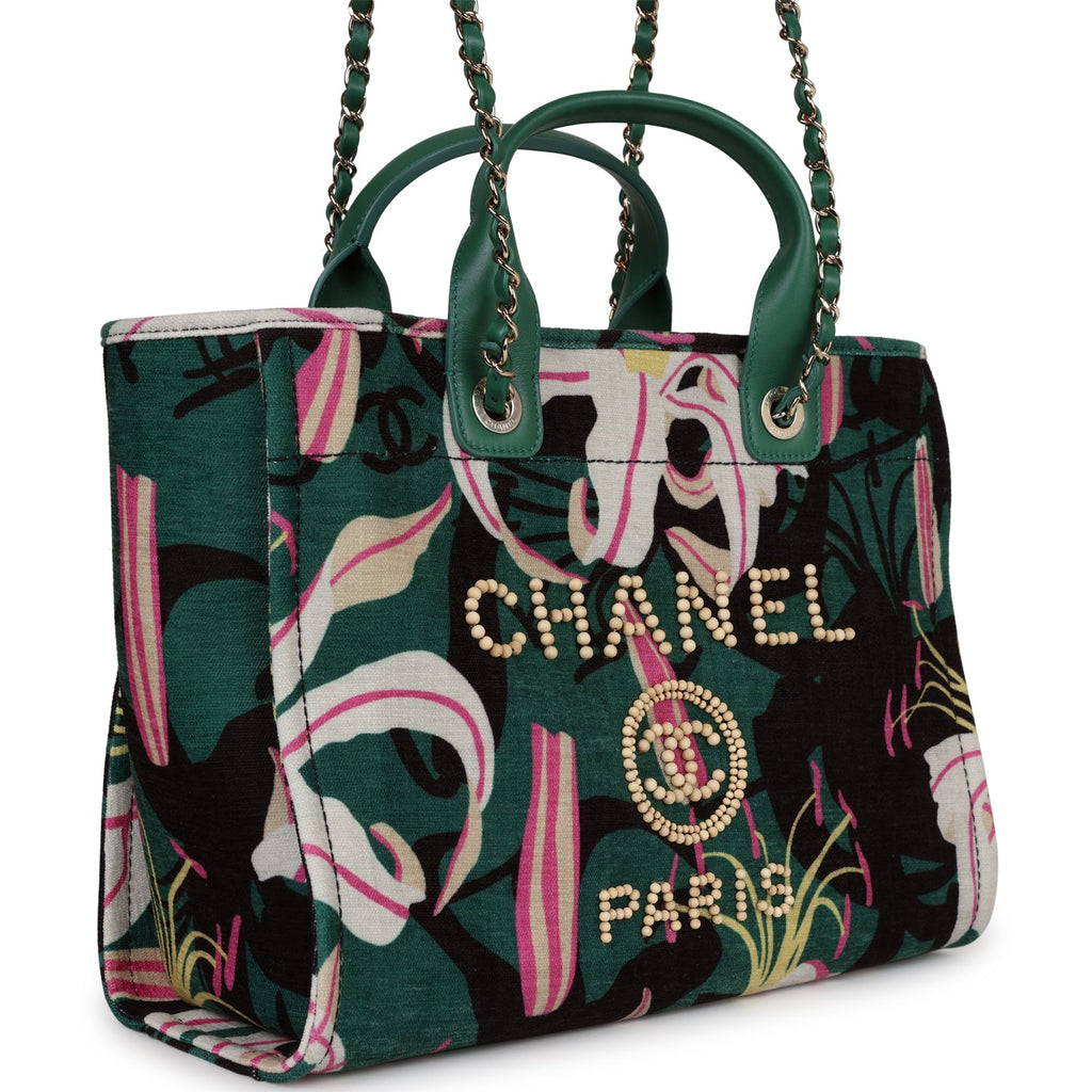 Chanel Small Deauville Shopping Tote Green and Pink Tropical Floral Velvet Light Gold Hardware - Image 4