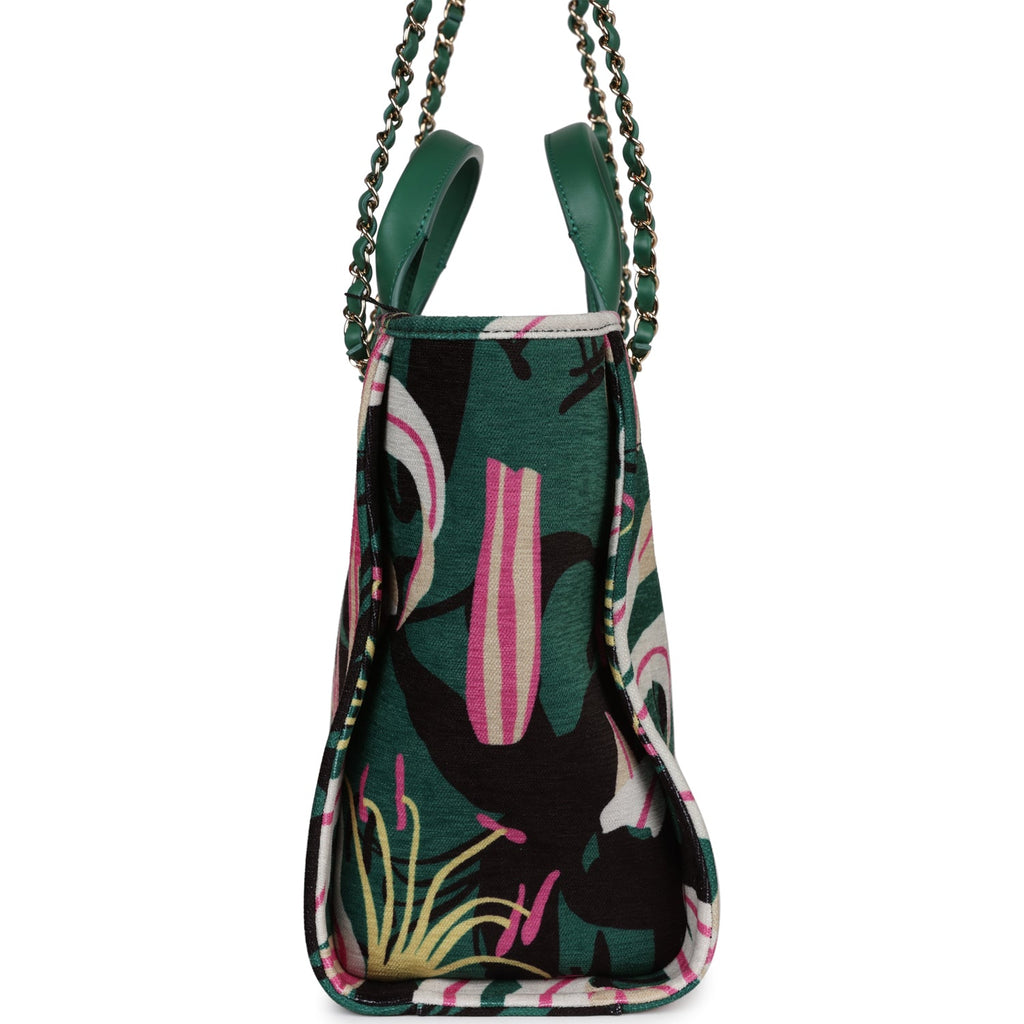 Chanel Small Deauville Shopping Tote Green and Pink Tropical Floral Velvet Light Gold Hardware - Image 5