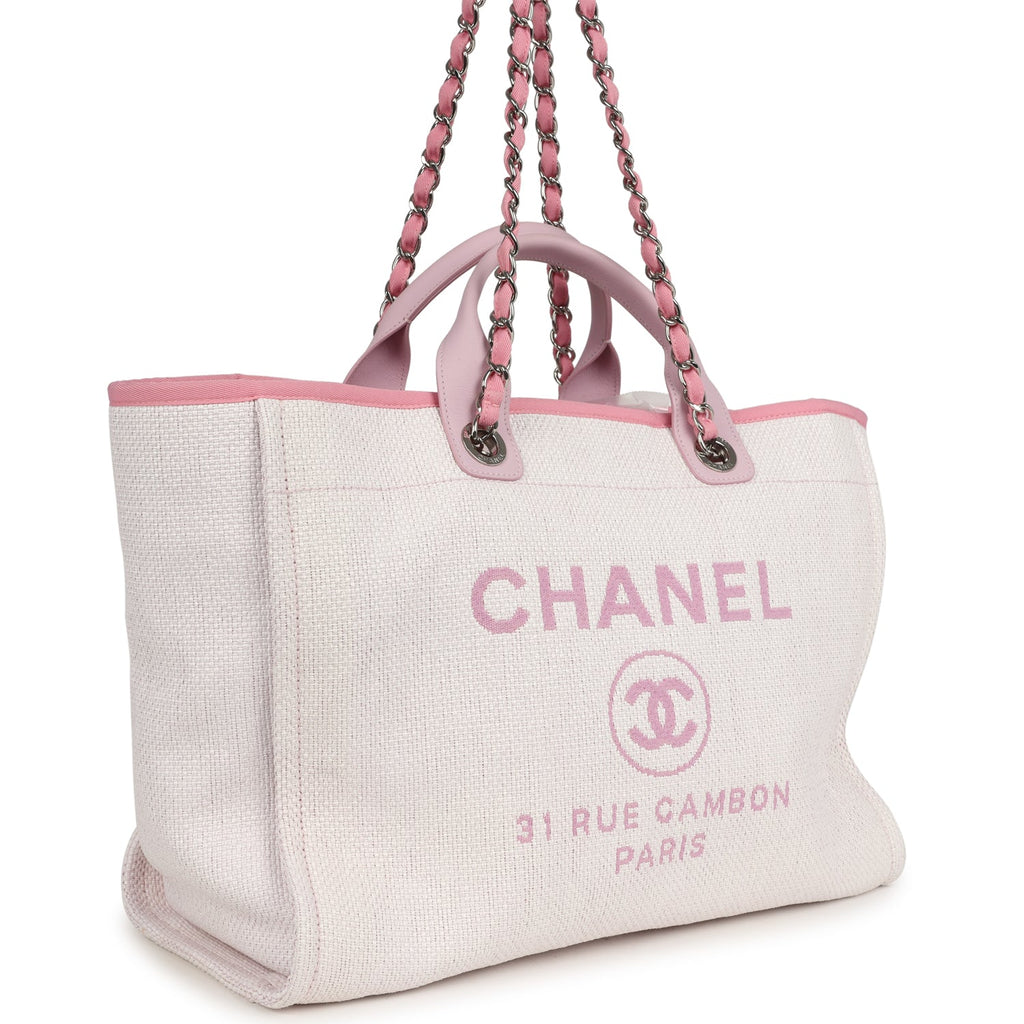 Pre-owned Chanel Medium Deauville Shopping Tote Light Pink Raffia and Canvas Silver Hardware - Image 3