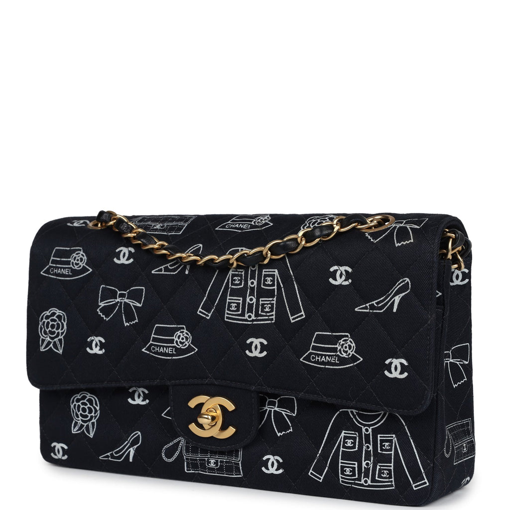 Vintage Chanel Medium Icon Print Double Flap Bag Navy Canvas Brushed Gold Hardware - Image 6