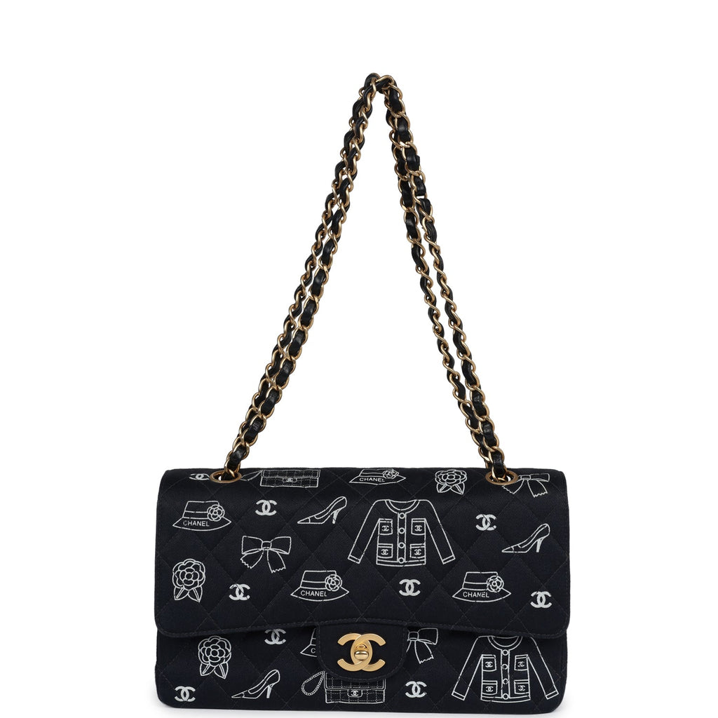 Vintage Chanel Medium Icon Print Double Flap Bag Navy Canvas Brushed Gold Hardware - Image 8