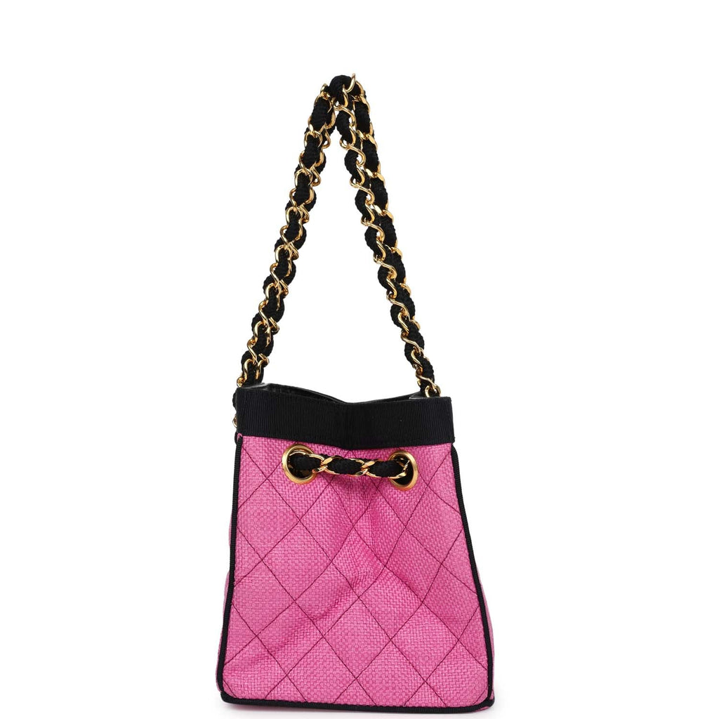 Vintage Chanel Set of Two Mini Bucket Bag & Oval Handbag Pink and Black Raffia Gold Hardware - Image 6