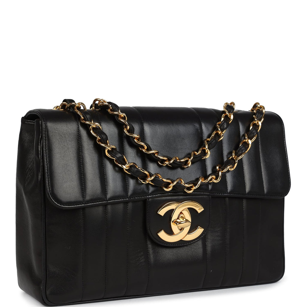 Vintage Chanel Jumbo Classic Mademoiselle Vertical Flap Black Lambskin Gold Hardware - Image 3