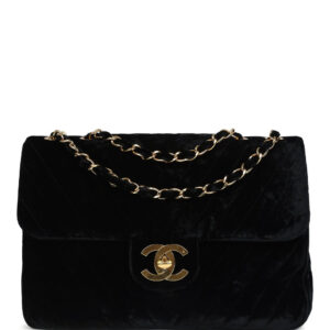 Vintage Chanel XL Classic Chevron Single Flap Bag Black Velvet Gold Hardware
