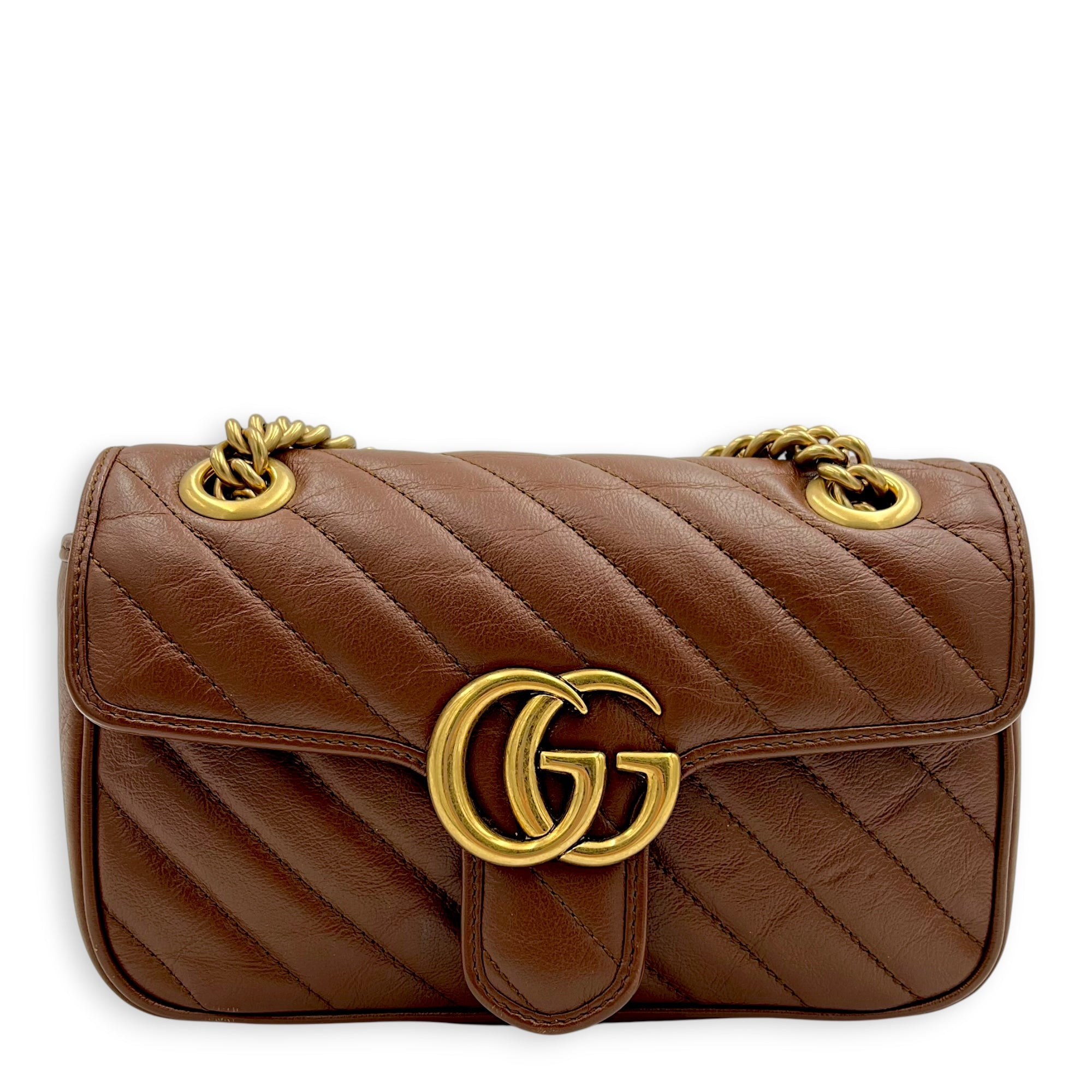 GG Marmont Mini Brown Shoulder Bag in Calfskin, Gold hardware